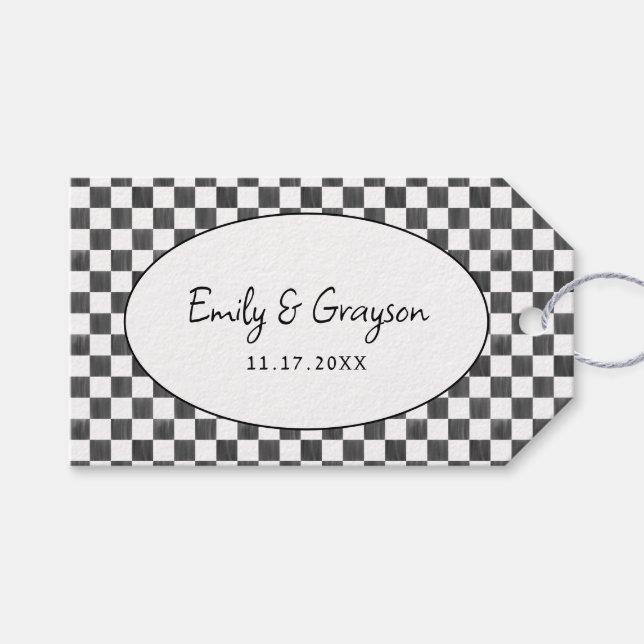 Etiqueta Para Presente Painted Black Checkerboard Pattern Wedding (Frente (horizontal))