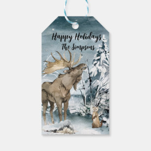 Etiqueta Para Presente Paisagem de inverno Aquarela Alce Boas Festas