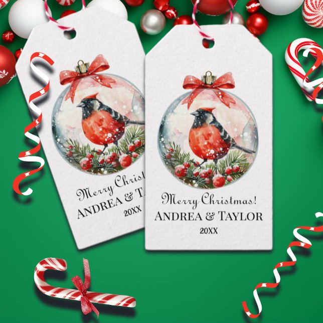 Etiqueta Para Presente Paisagem de inverno com pássaro vermelho (Criador carregado)