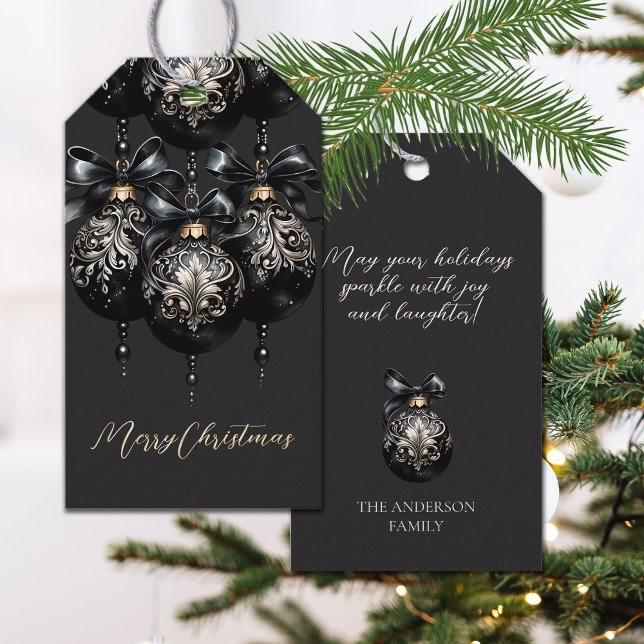 Etiqueta Para Presente Palavra de Natal elegante e preto (Black and gold elegant classic ornate gift tags)