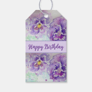 Etiqueta Para Presente Pansor Roxo Aquarela Feliz Aniversário Tag