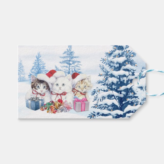 Etiqueta Para Presente Papai noel gatinho, pinho de Natal (Frente (horizontal))
