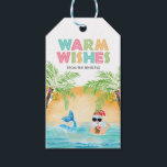 Etiqueta Para Presente Papais noeis Mermaid Tropical Beach Palms Christma<br><div class="desc">O Enfeites de natal tropical "Warm Wish" apresenta Papais noeis e uma sereia nadando no oceano ao pôr do sol, enquadrada por um par de palmeiras decoladas em luzes de cordas. Papais noeis estão tirando um coquetel de um abacaxi e piscando o sinal de solta da aloha havaiana. Arte da...</div>