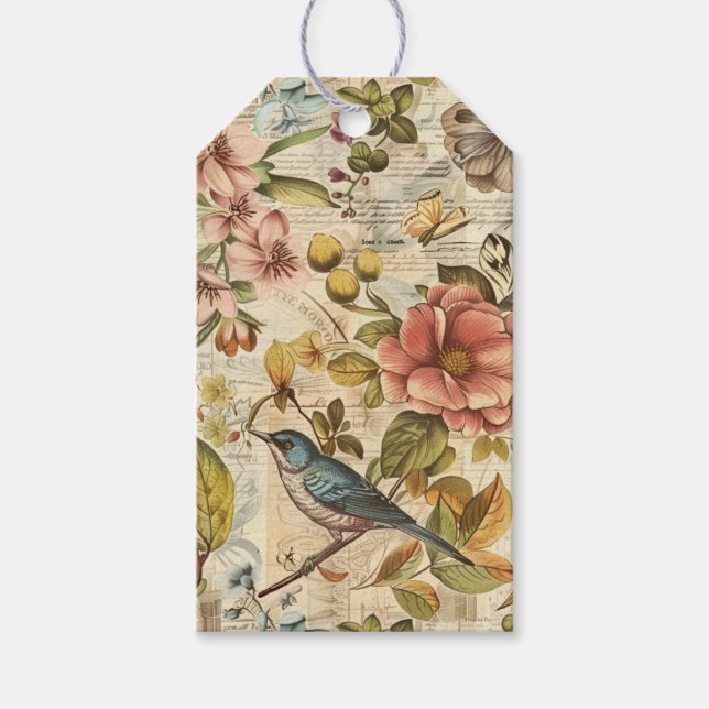 Etiqueta Para Presente Papel de Scrapbook de Colagem Botânica Caprichosa (Frente)