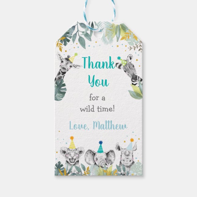 Etiqueta Para Presente Parceiro Animal Azul Dourado Safari Aniversário Ob (Frente)