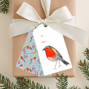 Etiqueta Para Presente Passarinho fofo robin vermelho padrão azul Natal f