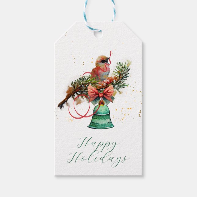 Etiqueta Para Presente Pássaro Bonito em uma Ramificação com Fita (Frente)