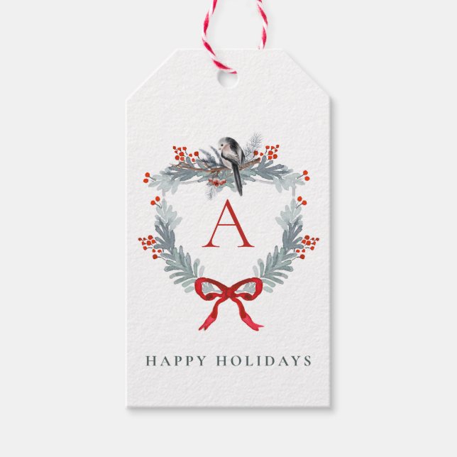 Etiqueta Para Presente Pássaro de inverno do Monograma Arco Vermelho (Frente)