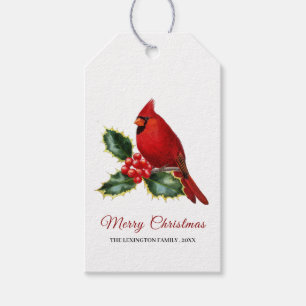 Etiqueta Para Presente Pássaro Vermelho Cardinal Elegante de Natal Holly