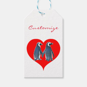 Etiqueta Para Presente Pássaros Adoram Casal Pinguim Coração Vermelha 
