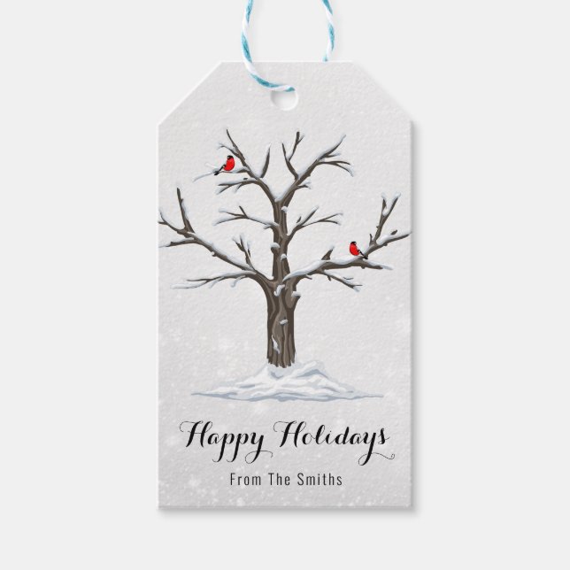 Etiqueta Para Presente Pássaros Cardinais Vermelhos Em Ilustrações De Árv (Frente)