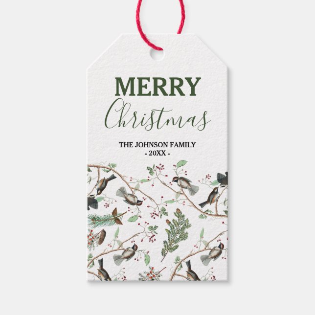 Etiqueta Para Presente Pássaros-de-frango Berries e Pinecones Natal (Frente)