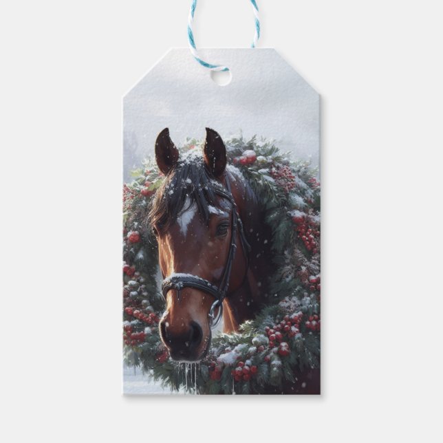 Etiqueta Para Presente Pasta de Neve Marrom Horse Wreath (Frente)
