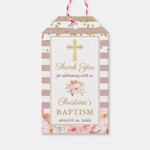 Etiqueta Para Presente Pastel Peach Floral Dourada Cross Girl Baptism