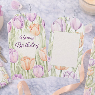 Etiqueta Para Presente Pastel Pêssego Roxo Floral Primavera Feliz Anivers
