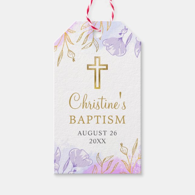 Etiqueta Para Presente Pastel Purple Dourado Batismo Floral Obrigado (Frente)