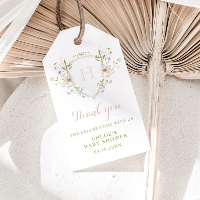 Etiqueta Para Presente Pastel Wildflower Monograma Crest Obrigado (Criador carregado)