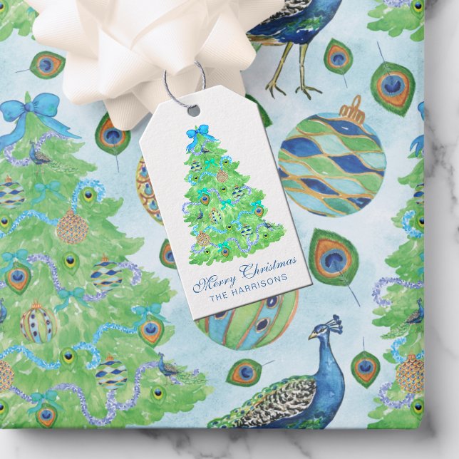 Etiqueta Para Presente Pavão de Natal em Aquarela (Criador carregado)