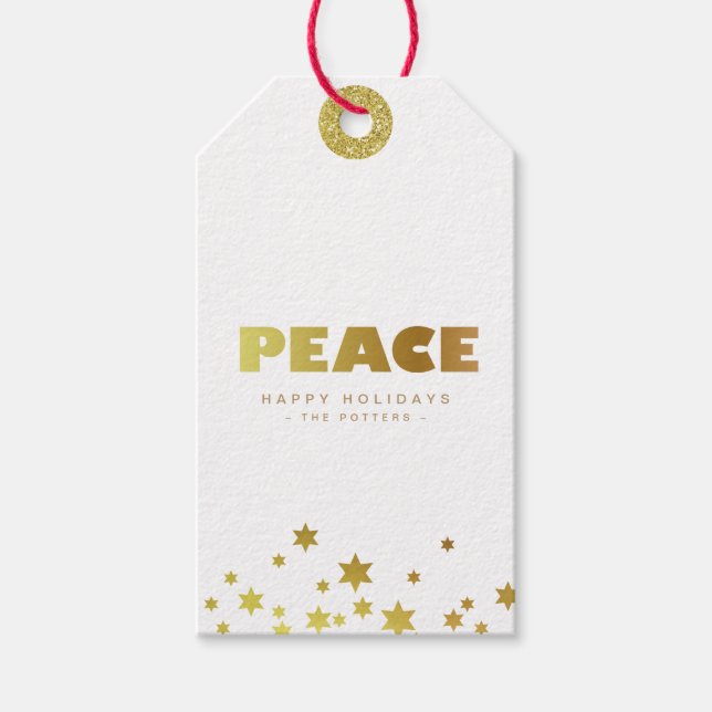 Etiqueta Para Presente Paz | Divertido Natal Branco e Dourado Mini (Frente)