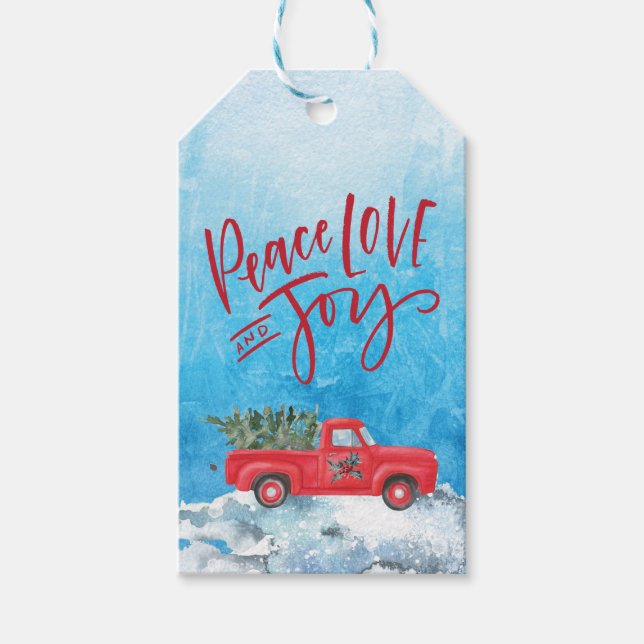 Etiqueta Para Presente Paz Joy Love Snow Red Truck (Frente)