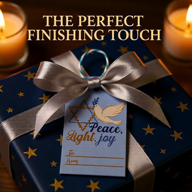 Etiqueta Para Presente Paz, Luz, Joy Hanukkah (Peace, Light, Joy Hanukkah Blue and Gold Gift Tags)