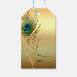 Etiqueta Para Presente Pena de Pavão Dourada Exótica Boho Chic Favor Pers