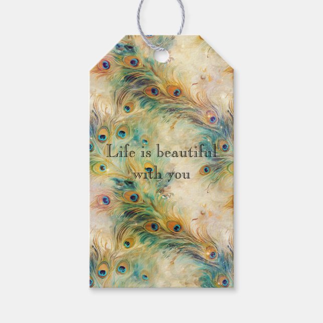 Etiqueta Para Presente Penas Douradas de Peacock Aqua Green (Frente)