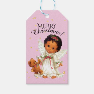 Etiqueta Para Presente Pequeno Anjo com Urso de Teddy no Natal Afrocêntr