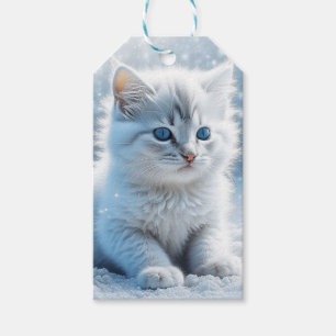 Etiqueta Para Presente Pequeno Gatinho Branco no Natal da Neve