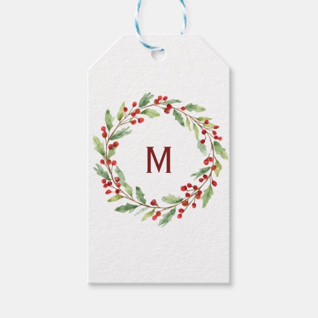 Etiqueta Para Presente Personalised Christmas Monogram Red-Berry Wreath (Frente)