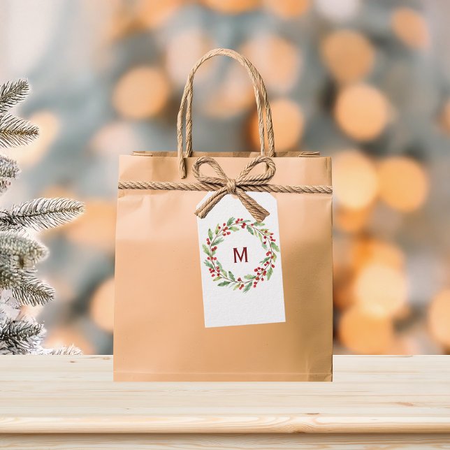 Etiqueta Para Presente Personalised Christmas Monogram Red-Berry Wreath (Holly & Ivy Wreath Gift Tag)
