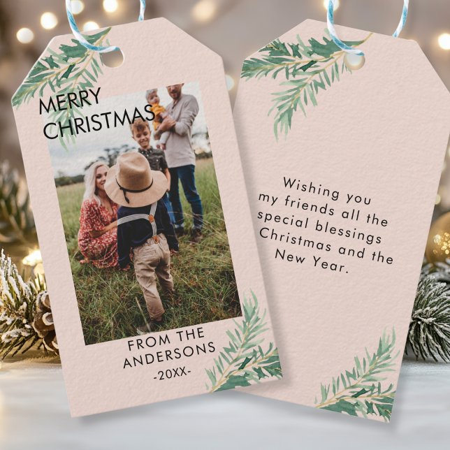 Etiqueta Para Presente Personalisierte Photo Weihnachts- Geschenkanhänger (Personalized Photo, Leafy, Christmas Favor Tags. Your Name, Text & Photo.)