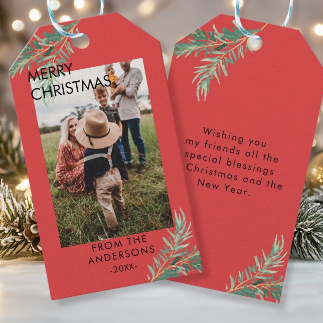 Etiqueta Para Presente Personalisierte Photo Weihnachts- Geschenkanhänger (Personalized Photo, Leafy, Christmas Favor Tags. Your Name, Text & Photo.)