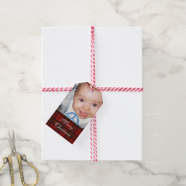 Etiqueta Para Presente Personalize-o com sua foto + Red Tartan (Com cordão)