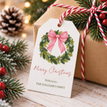 Personalized Family Name Christmas Wreath Pink Bow