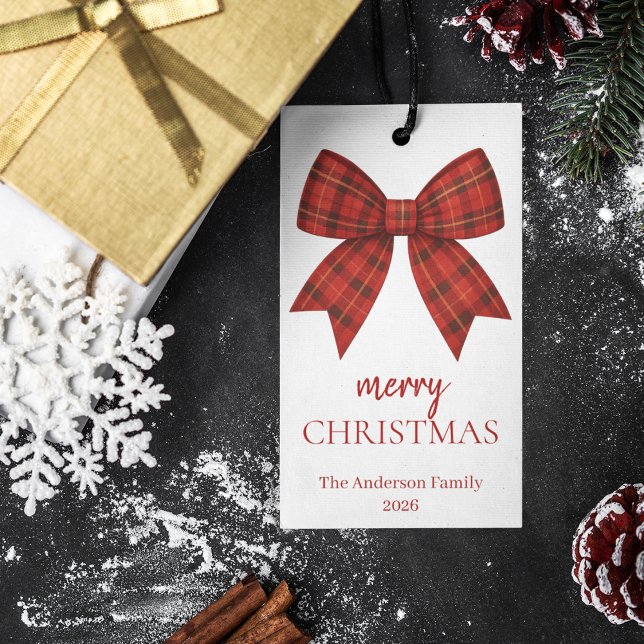 Etiqueta Para Presente Personalized Merry Christmas | Red Plaid Bow (Criador carregado)