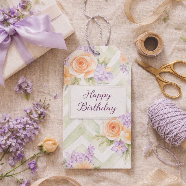 Etiqueta Para Presente Pêssego Pastel Lavanda Floral Salvia Chevron (Criador carregado)
