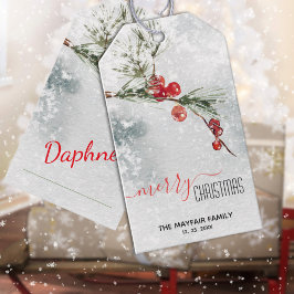 Etiqueta Para Presente Pine Sprig Red Berries Snowstorm Feliz Natal