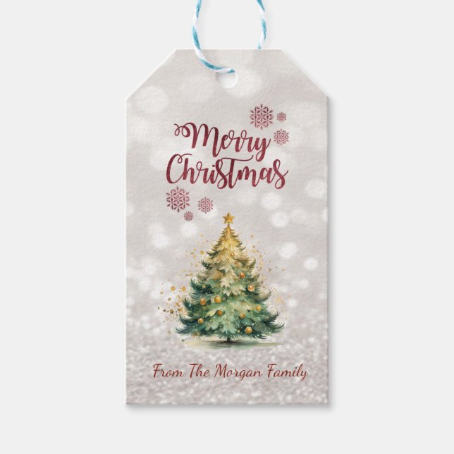 Etiqueta Para Presente Pine Tree, Feriado de Bokeh Glittery (Frente)