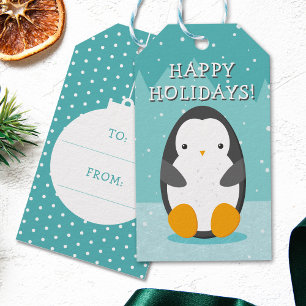 Etiqueta Para Presente Pinguim bonito no Natal do Cartoon Azul de inverno