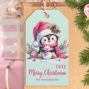 Etiqueta Para Presente Pinguim de Diversão Verde de Natal Muito Feliz