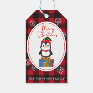 Etiqueta Para Presente Pinguim de Natal bonito no padrão da Xadrez Vermel