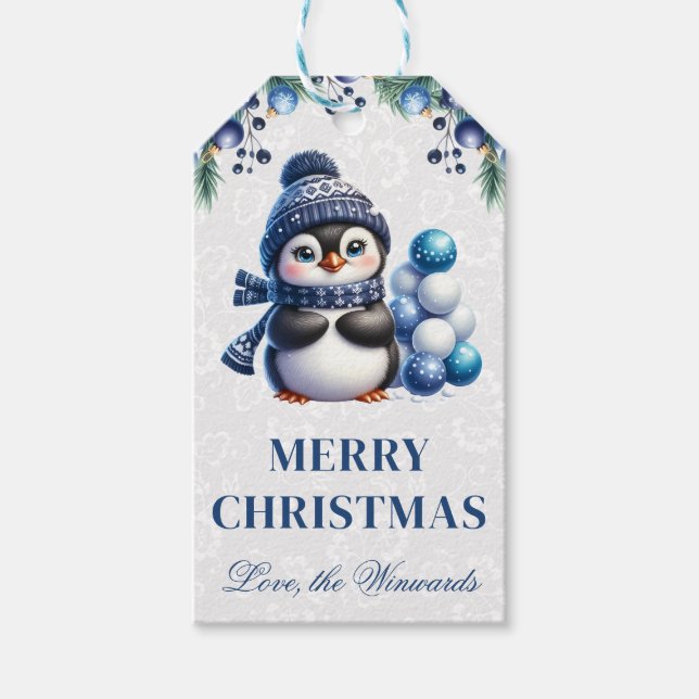 Etiqueta Para Presente Pinguim Fofo com Enfeites Azuis Natal (Frente)