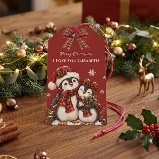 Etiqueta Para Presente Pinguim Xadrez Vermelho Eu Te Amo Nome Personaliza