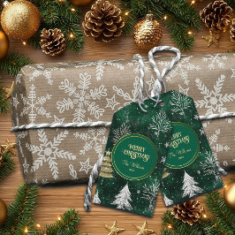Etiqueta Para Presente Pinheiros Dourados Prateados Flocos de Neve Caçado