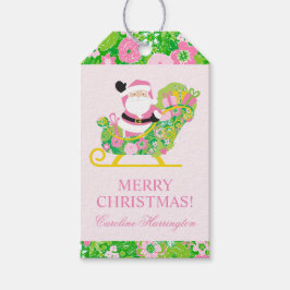 Etiqueta Para Presente Pink and Green Preppy Palm Beach Santa Claus