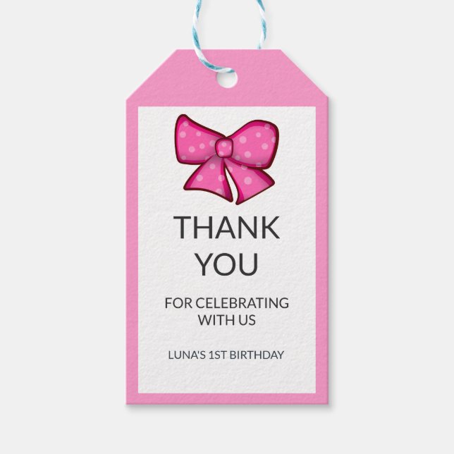 Etiqueta Para Presente Pink Bow Girl Kids 1st Birthday  (Frente)