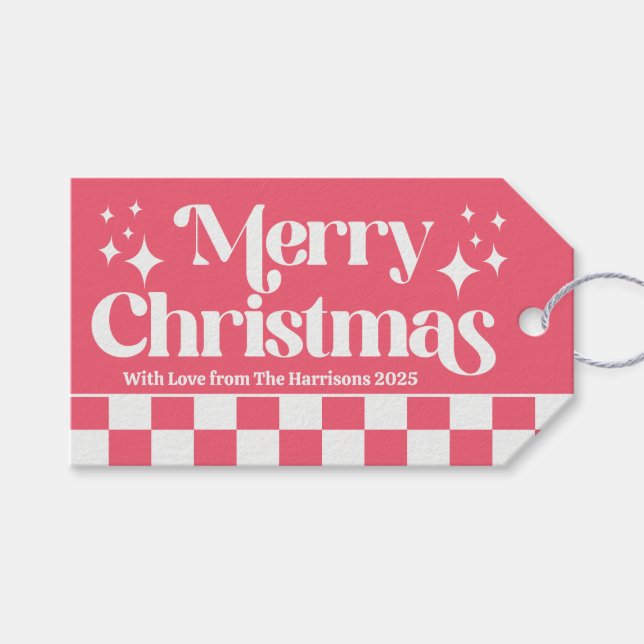 Etiqueta Para Presente Pink Christmas Retro Check Holiday (Frente (horizontal))