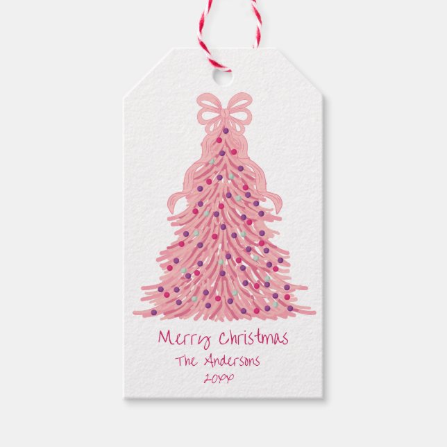 Etiqueta Para Presente Pink Christmas Tree Pink Bow (Frente)