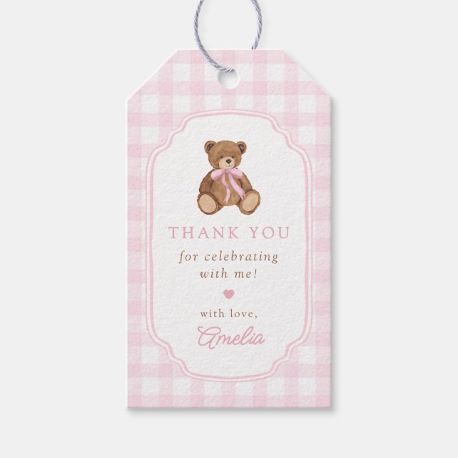 Etiqueta Para Presente Pink Gingham Teddy Bear Beary First Birthday (Frente)